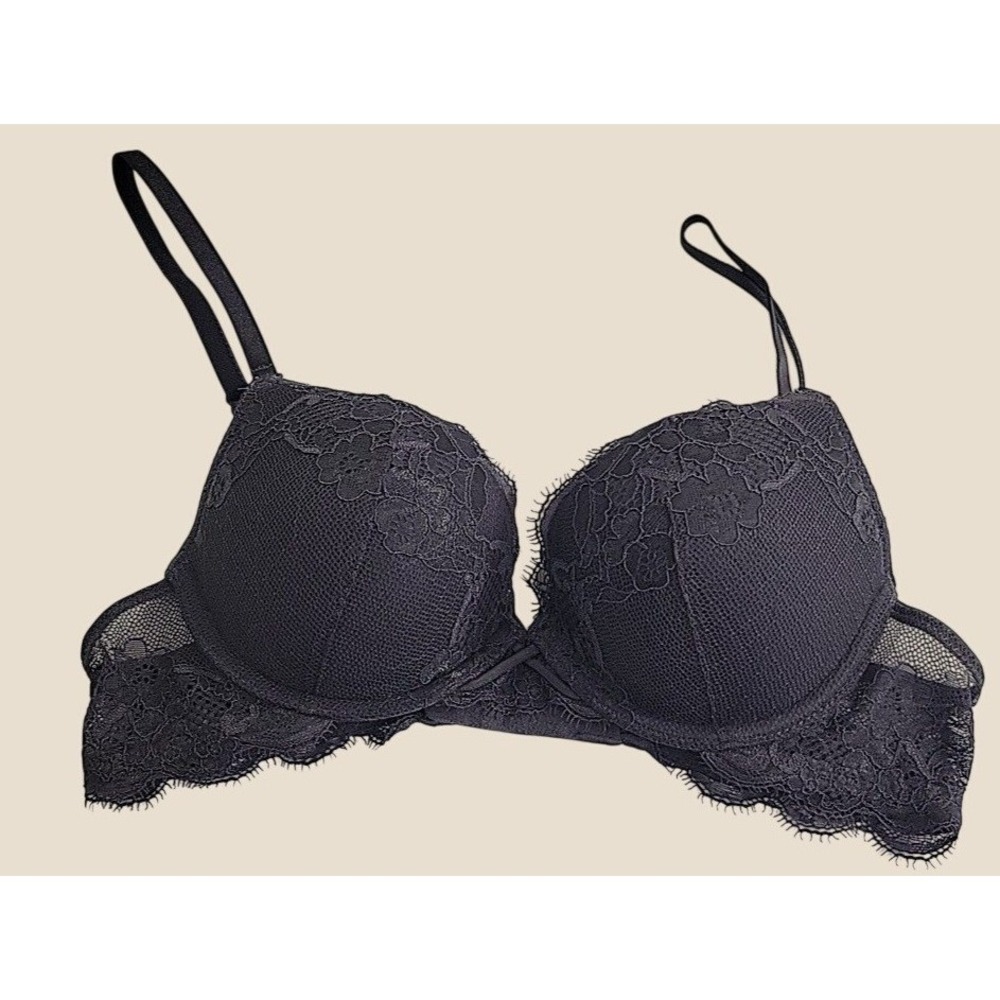 Ambrielle Bra Everyday Convertible Plunge Pushup Lace Lingerie Dark Gray 34B NEW